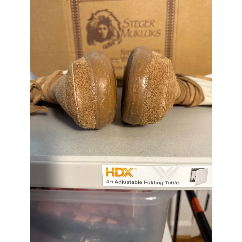 Steger Mukluks Native Styled Moosehide Winter Boot Tan Canvas Ribbon Laces Sz 12
